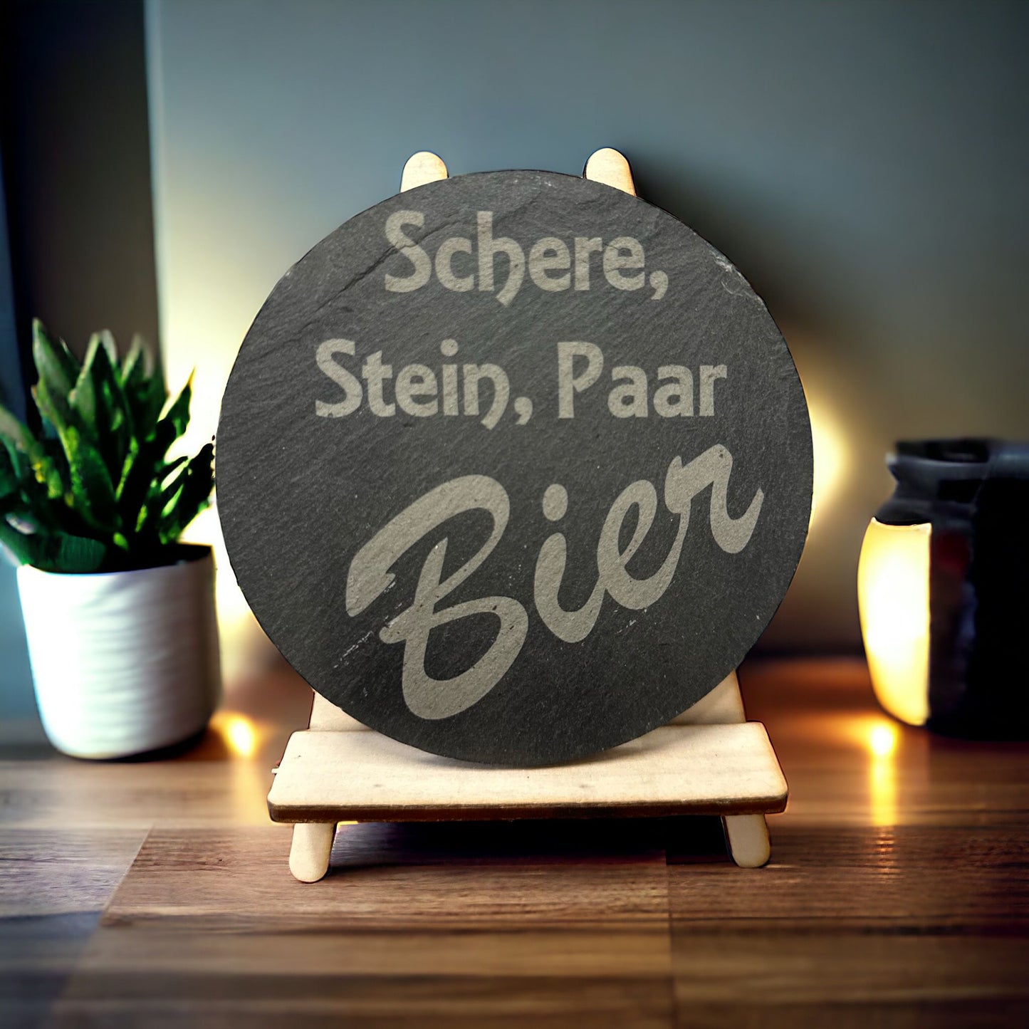 Schieferuntersetzer "Schere,Stein paar Bier"
